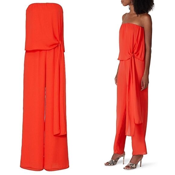 KRISA Retro 70s Wide Leg Strapless Tie Front Chiffon Jumpsuit- Vermilion Size XS - Picture 1 of 6